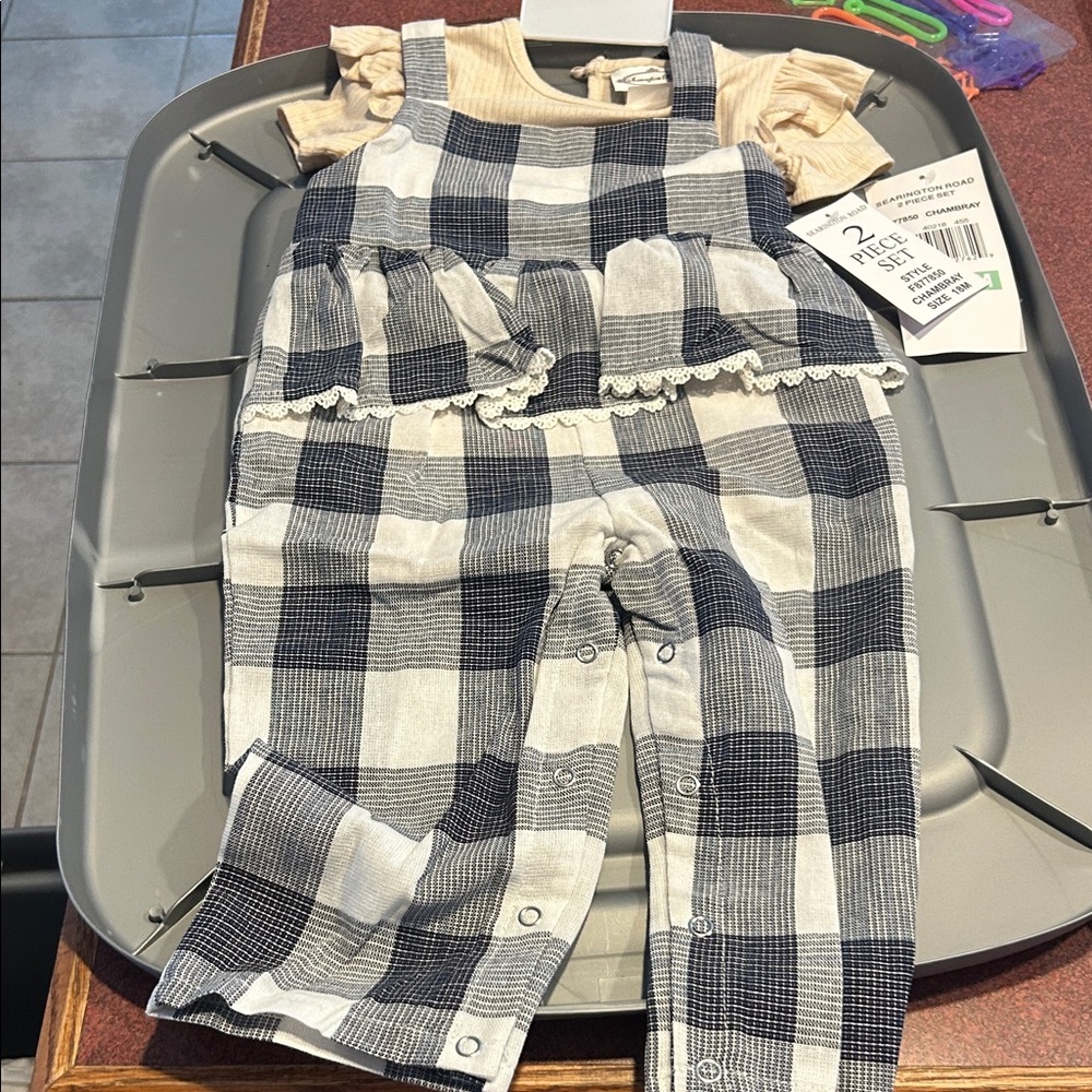 Girls 18 month two piece outfit set new nwt plaid chambray overall romper look